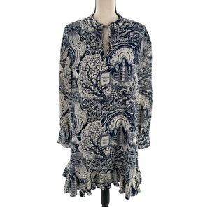 Scotch & Soda Amsterdams Blauw Navy Graphic Print Ruffle Hem Dress Size Small